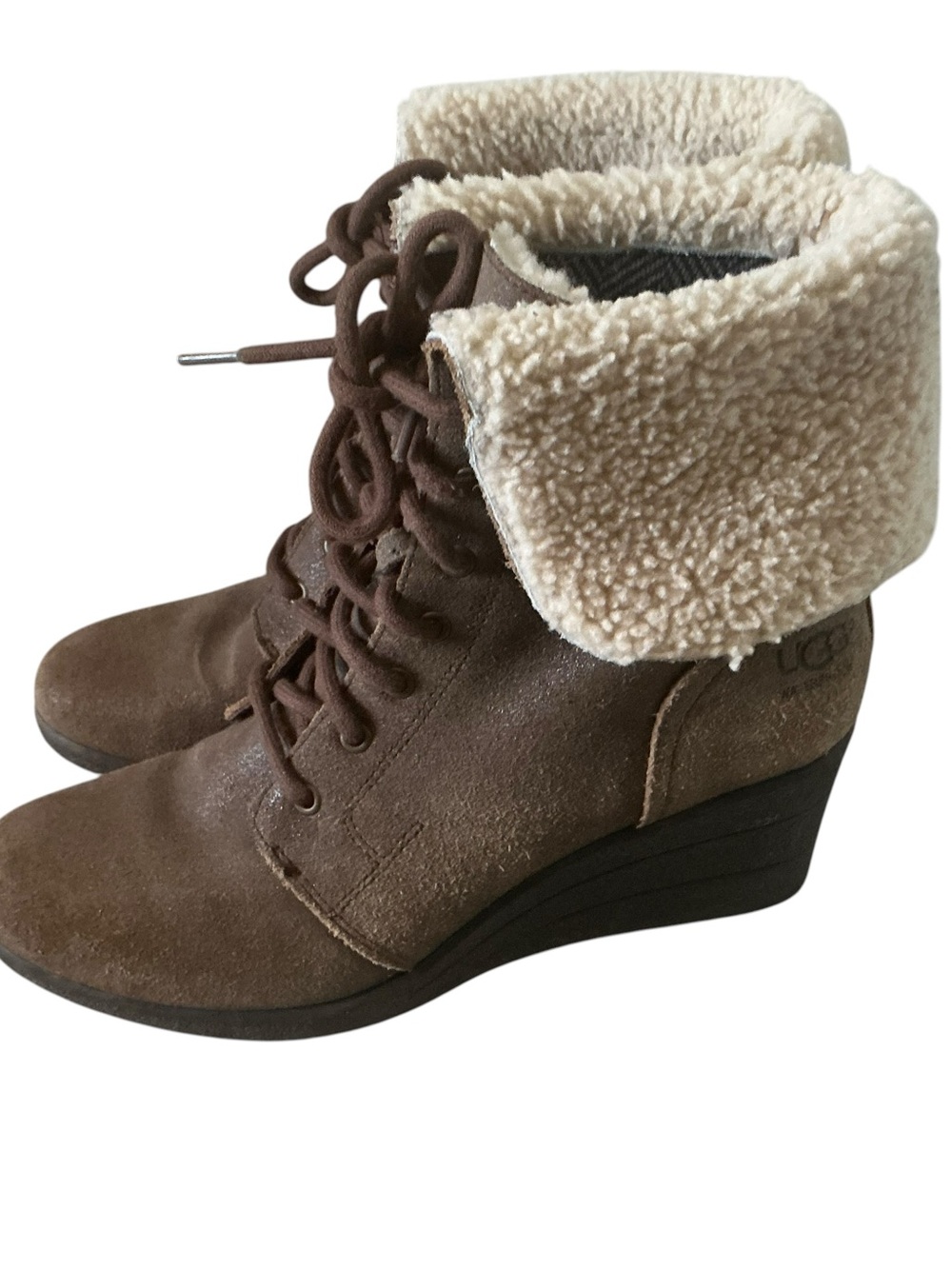 Ugg Zea brown suede waterproof shearling lined lace-up wedge boots size 9